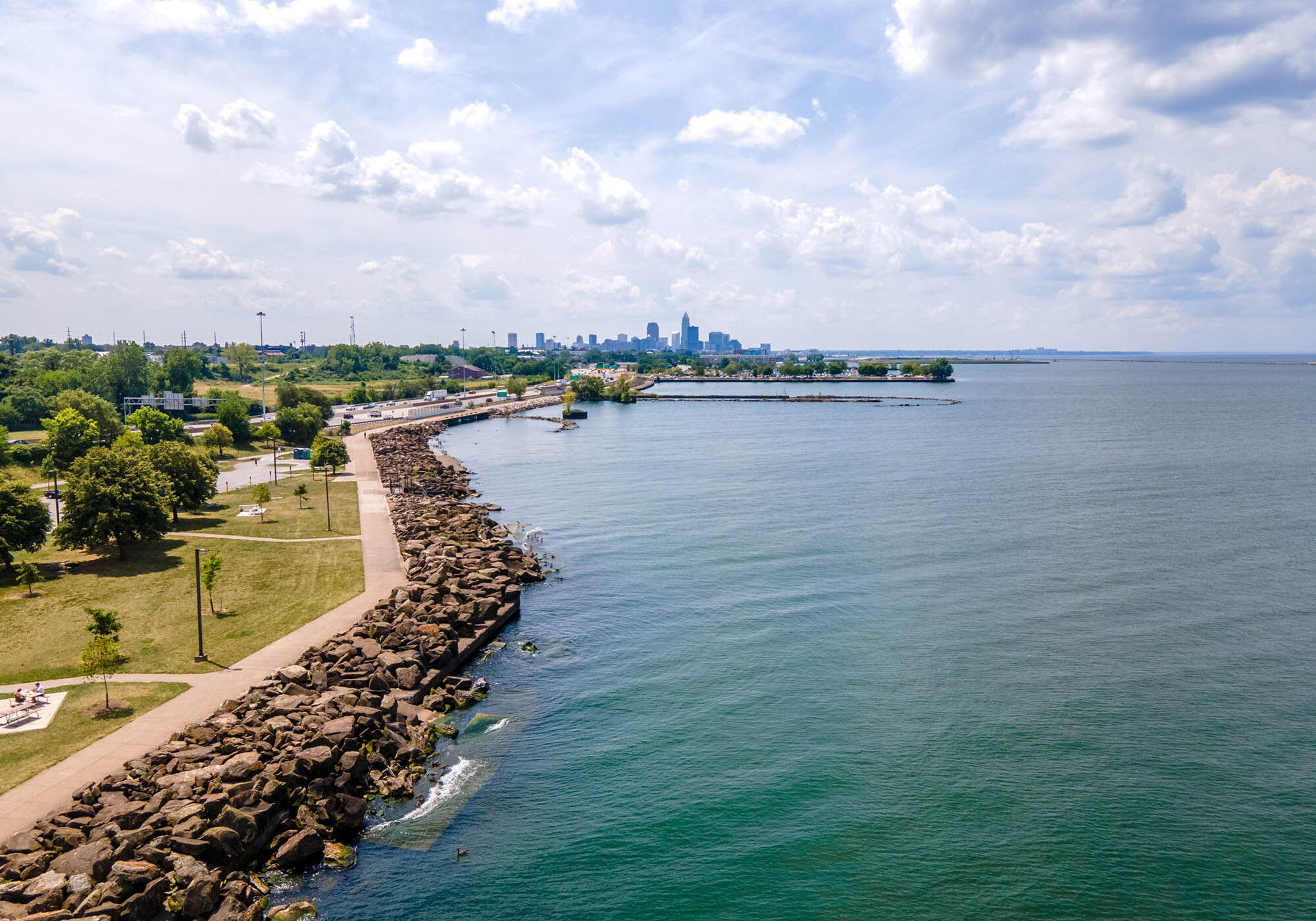 Aerial View of Lake Erie and Cleveland from the Lakefront Reservation E 72nd Fishing Area